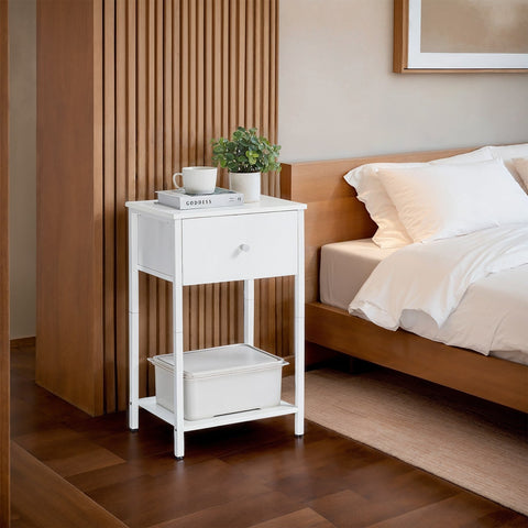 Rootz Bedside Table - Side Table - Nightstand - With Shelf & Fabric Drawer - Space-saving Design - 28.1cm x 38.1cm x 61.1cm