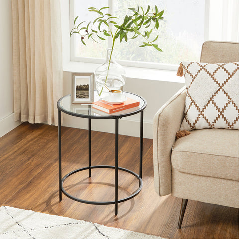 Rootz Round Side Table - Black End Table - Glass Accent Table - Tempered Glass - 50cm x 55cm
