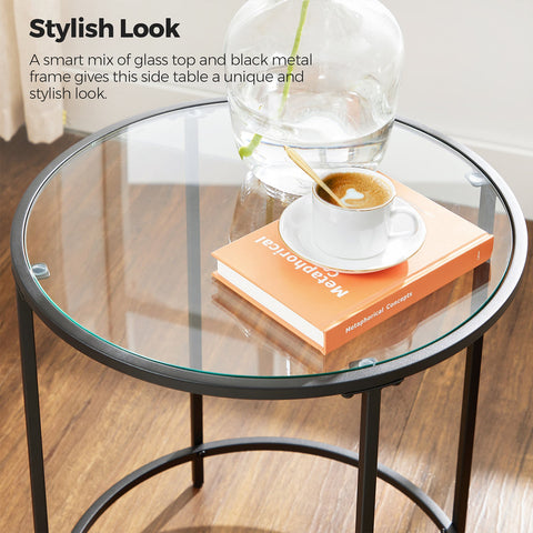 Rootz Round Side Table - Black End Table - Glass Accent Table - Tempered Glass - 50cm x 55cm