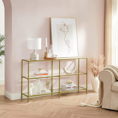 Rootz 3 Tier Console Table - Entryway Table - Hallway Table - Elegant Design - 130cm x 30cm x 73cm Gold Steel & Tempered Glass