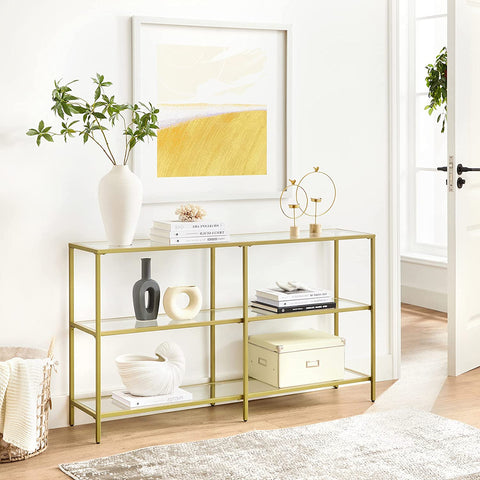 Rootz 3 Tier Console Table - Entryway Table - Hallway Table - Elegant Design - 130cm x 30cm x 73cm Gold Steel & Tempered Glass