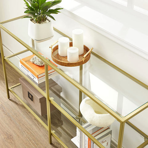 Rootz 3 Tier Console Table - Entryway Table - Hallway Table - Elegant Design - 130cm x 30cm x 73cm Gold Steel & Tempered Glass