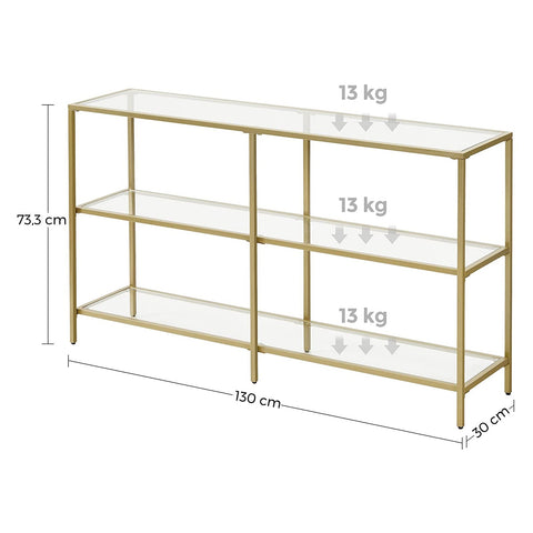 Rootz 3 Tier Console Table - Entryway Table - Hallway Table - Elegant Design - 130cm x 30cm x 73cm Gold Steel & Tempered Glass