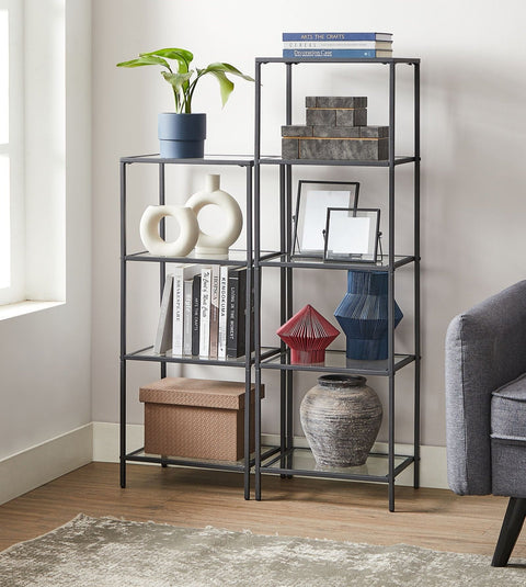 Rootz 5 Shelf Unit - Storage Rack - Display Shelf - Easy Assembly - 30cm x 40cm x 124.5cm - Transparent - Black