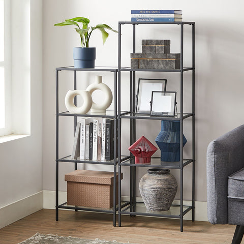 Rootz Metal and Glass Shelf - Display Stand - Storage Rack - Transparent Ink Black - Sturdy Construction - Easy Assembly - Space-saving Design - 30cm x 40cm x 124.5cm