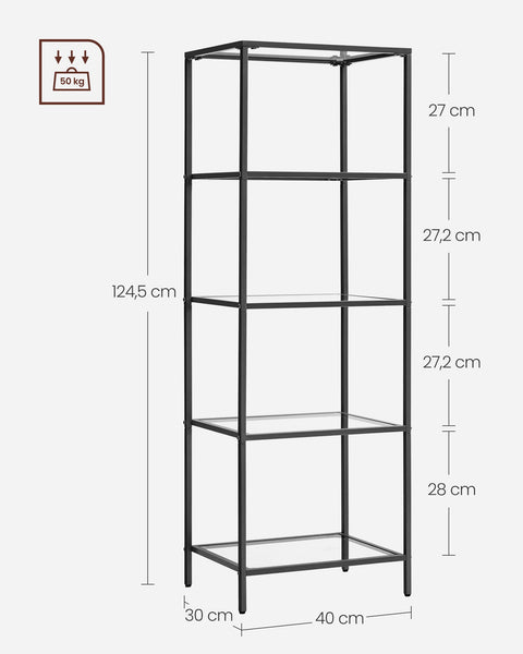 Rootz Metal and Glass Shelf - Display Stand - Storage Rack - Transparent Ink Black - Sturdy Construction - Easy Assembly - Space-saving Design - 30cm x 40cm x 124.5cm