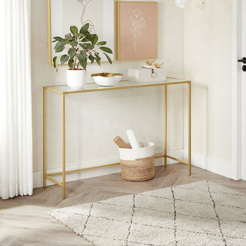 Rootz Gold-Colored Transparent Glass Console Table - Steel Frame - Entryway Table - Sofa Table - Sturdy Construction - Easy Assembly - 35cm x 120cm x 80cm