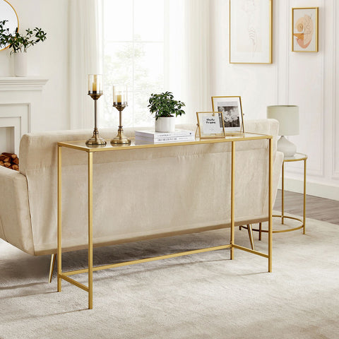 Rootz Gold-Colored Transparent Glass Console Table - Steel Frame - Entryway Table - Sofa Table - Sturdy Construction - Easy Assembly - 35cm x 120cm x 80cm