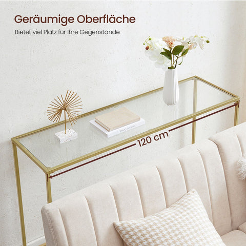 Rootz Gold-Colored Transparent Glass Console Table - Steel Frame - Entryway Table - Sofa Table - Sturdy Construction - Easy Assembly - 35cm x 120cm x 80cm