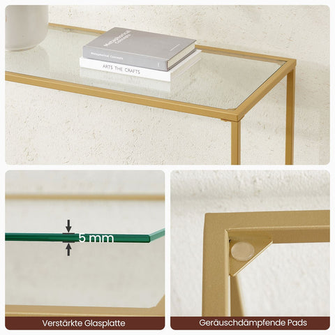 Rootz Gold-Colored Transparent Glass Console Table - Steel Frame - Entryway Table - Sofa Table - Sturdy Construction - Easy Assembly - 35cm x 120cm x 80cm