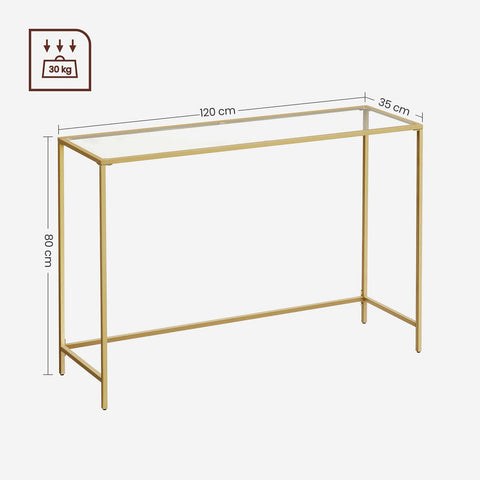 Rootz Gold-Colored Transparent Glass Console Table - Steel Frame - Entryway Table - Sofa Table - Sturdy Construction - Easy Assembly - 35cm x 120cm x 80cm