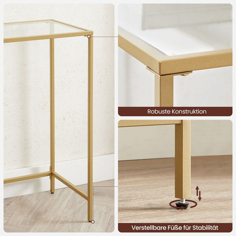 Rootz Gold-Colored Transparent Glass Console Table - Steel Frame - Entryway Table - Sofa Table - Sturdy Construction - Easy Assembly - 35cm x 120cm x 80cm