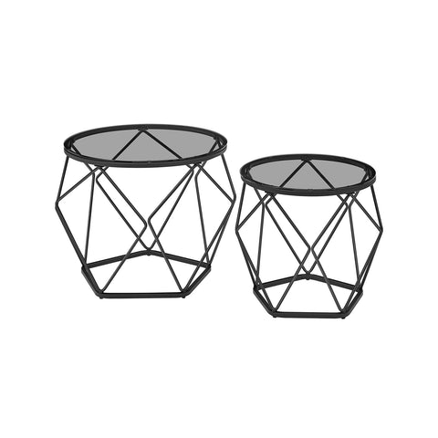 Rootz 2 Piece Living Room Table Set - Modern Coffee Table - Stylish Side Tables - Tempered Glass & Steel - 50cm Ø x 40cm H & 40cm Ø x 36cm H