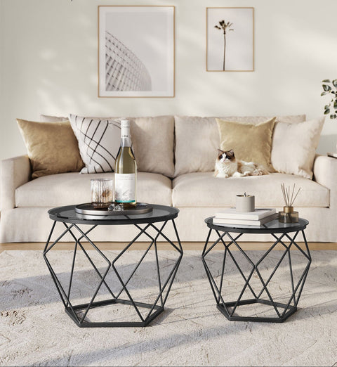 Rootz 2 Piece Living Room Table Set - Modern Coffee Table - Stylish Side Tables - Tempered Glass & Steel - 50cm Ø x 40cm H & 40cm Ø x 36cm H