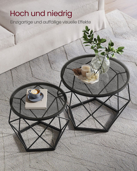 Rootz 2 Piece Set Side Tables - End Tables - Tempered Glass Steel - Lightweight - Easy Assembly - Modern Design - 50cm x 40cm x 40cm & 40cm x 36cm x 36cm