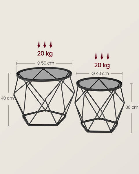 Rootz 2 Piece Set Side Tables - End Tables - Tempered Glass Steel - Lightweight - Easy Assembly - Modern Design - 50cm x 40cm x 40cm & 40cm x 36cm x 36cm