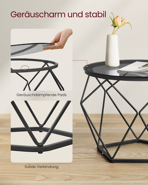 Rootz 2 Piece Living Room Table Set - Modern Coffee Table - Stylish Side Tables - Tempered Glass & Steel - 50cm Ø x 40cm H & 40cm Ø x 36cm H