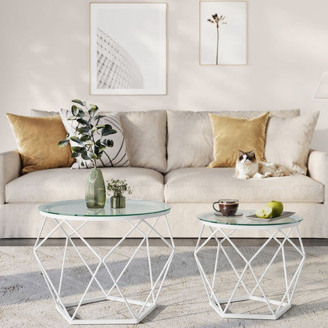 Rootz 2 Piece Set Side Tables - End Tables - Tempered Glass Steel Tables - Lightweight Durable Design - Modern Home Decor - 50cm x 40cm x 40cm & 40cm x 36cm x 36cm