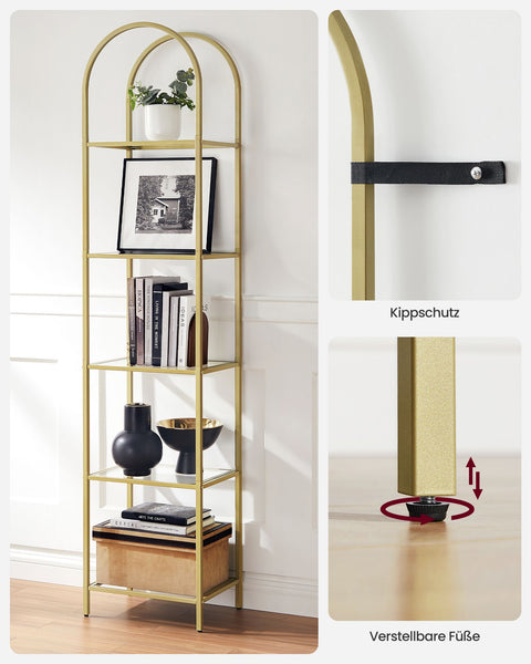 Rootz 5 Tier Metallic Gold Transparent Glass Shelf - Display Stand - Storage Rack - Tempered Glass - Steel Frame - 30.2cm x 40cm x 183.5cm - Lightweight - Easy Assembly - Anti-Tip Design