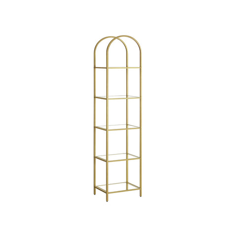 Rootz 5 Tier Metallic Gold Transparent Glass Shelf - Display Stand - Storage Rack - Tempered Glass - Steel Frame - 30.2cm x 40cm x 183.5cm - Lightweight - Easy Assembly - Anti-Tip Design