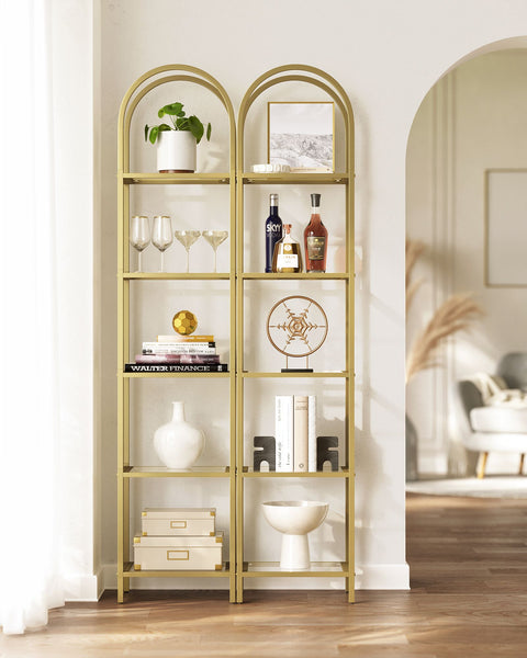 Rootz 5 Tier Metallic Gold Transparent Glass Shelf - Display Stand - Storage Rack - Tempered Glass - Steel Frame - 30.2cm x 40cm x 183.5cm - Lightweight - Easy Assembly - Anti-Tip Design