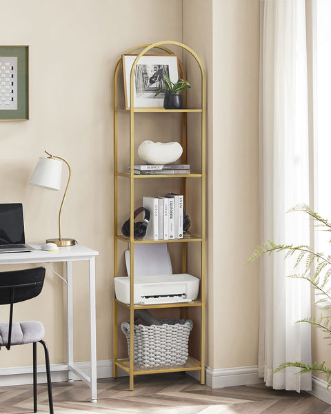 Rootz 5 Tier Metallic Gold Transparent Glass Shelf - Display Stand - Storage Rack - Tempered Glass - Steel Frame - 30.2cm x 40cm x 183.5cm - Lightweight - Easy Assembly - Anti-Tip Design