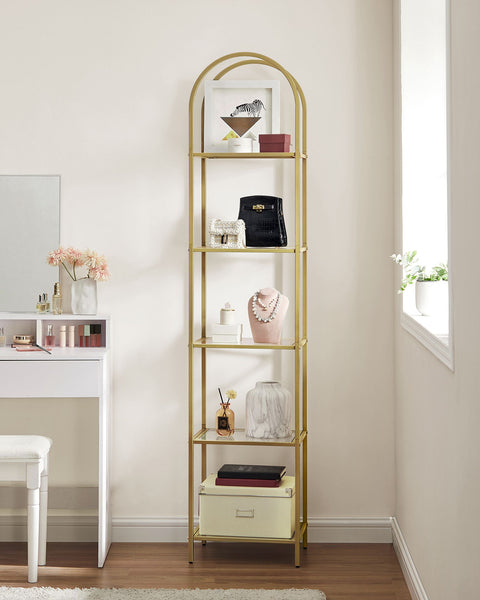 Rootz 5 Tier Metallic Gold Transparent Glass Shelf - Display Stand - Storage Rack - Tempered Glass - Steel Frame - 30.2cm x 40cm x 183.5cm - Lightweight - Easy Assembly - Anti-Tip Design