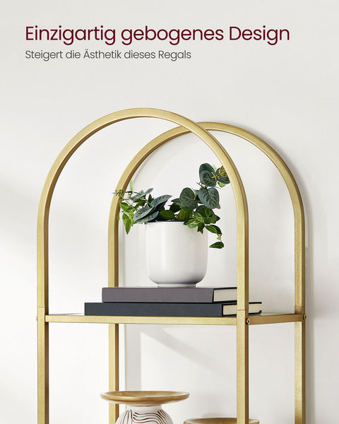 Rootz 5 Tier Metallic Gold Transparent Glass Shelf - Display Stand - Storage Rack - Tempered Glass - Steel Frame - 30.2cm x 40cm x 183.5cm - Lightweight - Easy Assembly - Anti-Tip Design