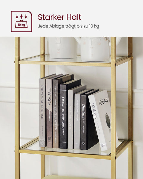 Rootz 5 Tier Metallic Gold Transparent Glass Shelf - Display Stand - Storage Rack - Tempered Glass - Steel Frame - 30.2cm x 40cm x 183.5cm - Lightweight - Easy Assembly - Anti-Tip Design