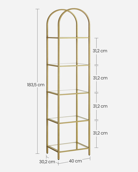 Rootz 5 Tier Metallic Gold Transparent Glass Shelf - Display Stand - Storage Rack - Tempered Glass - Steel Frame - 30.2cm x 40cm x 183.5cm - Lightweight - Easy Assembly - Anti-Tip Design