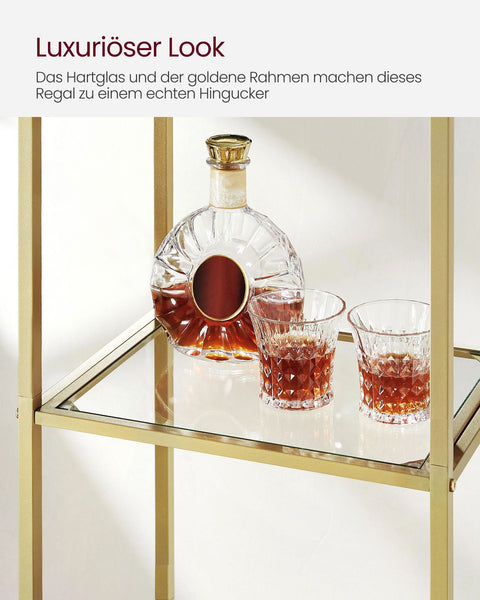 Rootz 5 Tier Metallic Gold Transparent Glass Shelf - Display Stand - Storage Rack - Tempered Glass - Steel Frame - 30.2cm x 40cm x 183.5cm - Lightweight - Easy Assembly - Anti-Tip Design