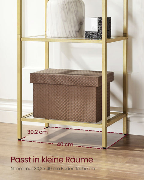 Rootz 5 Tier Metallic Gold Transparent Glass Shelf - Display Stand - Storage Rack - Tempered Glass - Steel Frame - 30.2cm x 40cm x 183.5cm - Lightweight - Easy Assembly - Anti-Tip Design