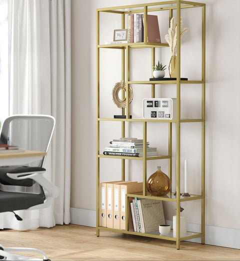 Rootz 6 Shelf Bookcase - Display Shelf - Storage Unit - Tempered Glass - 30cm x 80cm x 180cm