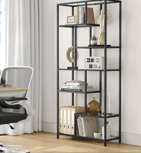 Rootz Bookcase with 6 Shelves - Display Cabinet - Storage Unit - Tempered Glass - 30cm x 80cm x 180cm