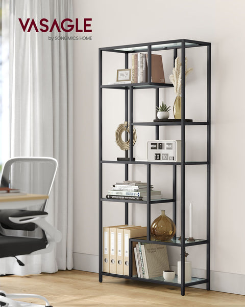 Rootz Black Glass Steel Stand Shelf - Display Rack - Tempered Glass Shelves - Sturdy Steel Frame - 30cm x 80cm x 180cm