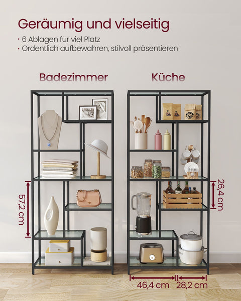 Rootz Bookcase with 6 Shelves - Display Cabinet - Storage Unit - Tempered Glass - 30cm x 80cm x 180cm