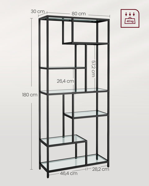 Rootz Black Glass Steel Stand Shelf - Display Rack - Tempered Glass Shelves - Sturdy Steel Frame - 30cm x 80cm x 180cm