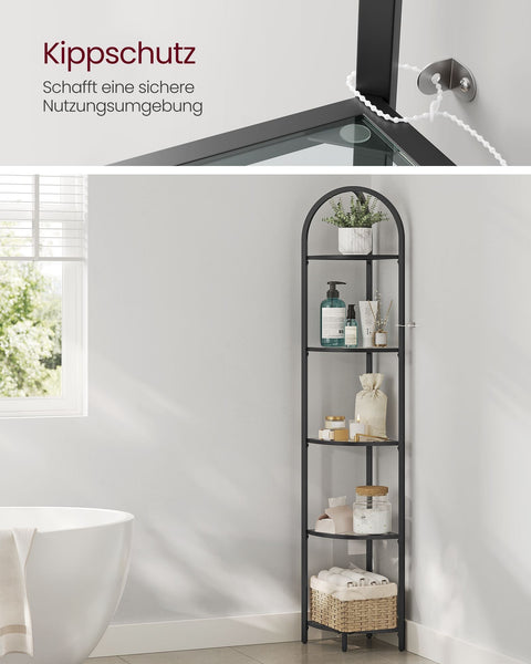 Rootz Classic Black Corner Shelf - Steel Glass Display Stand - Tempered Glass Shelving - Space Saving - Easy Assembly - Modern Design - 28cm x 28cm x 158cm
