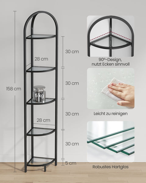 Rootz Classic Black Corner Shelf - Steel Glass Display Stand - Tempered Glass Shelving - Space Saving - Easy Assembly - Modern Design - 28cm x 28cm x 158cm