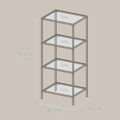 Rootz 4 Steady Shelf Bathroom Shelf - Glass Shelf - Storage Rack - Durable Glass & Metal - 40cm x 30cm x 95cm
