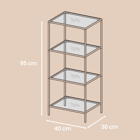 Rootz 4-Tier Bathroom Shelf - Sturdy Glass Shelving - Metal Frame - 40kg Capacity - Space Saver - 30x40x95cm