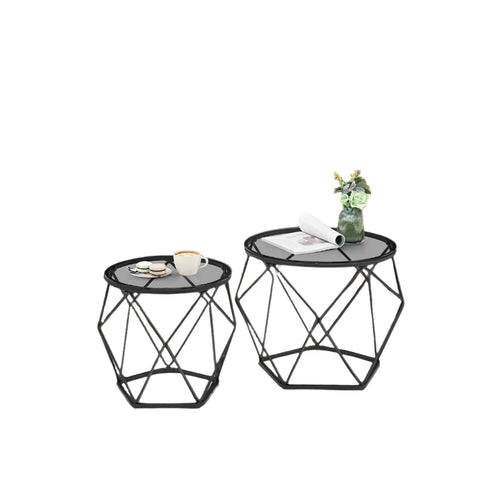 Rootz 2 Piece Set Coffee Table - Living Room Table - Round Side Tables - Hard Glass & Steel - 50cm x 40cm & 40cm x 36cm