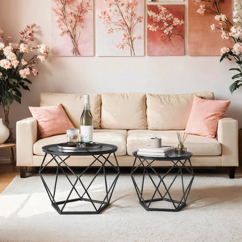 Rootz 2 Piece Set Coffee Table - Living Room Table - Round Side Tables - Hard Glass & Steel - 50cm x 40cm & 40cm x 36cm