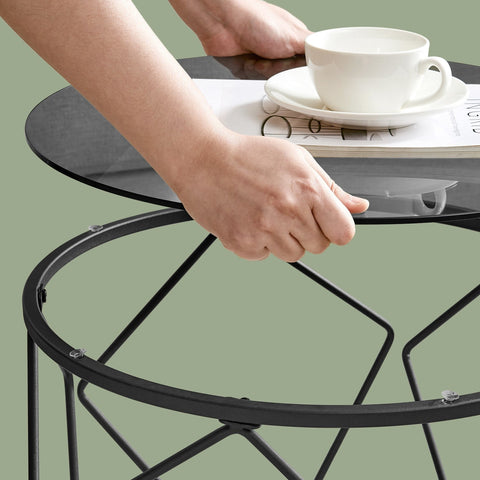 Rootz 2 Piece Set Coffee Table - Living Room Table - Round Side Tables - Hard Glass & Steel - 50cm x 40cm & 40cm x 36cm