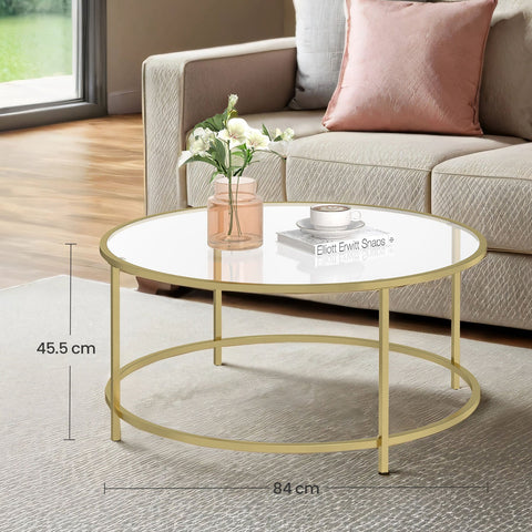 Rootz Glass Coffee Table - Retro Accent Table - Living Room Furniture - Golden Frame, Iron/Glass - 84cm x 84cm x 45.5cm