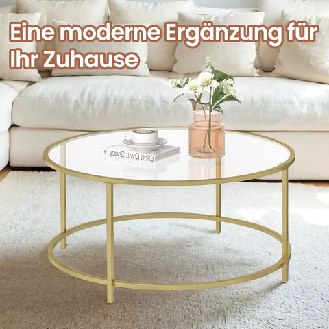 Rootz Glass Coffee Table - Retro Accent Table - Living Room Furniture - Golden Frame, Iron/Glass - 84cm x 84cm x 45.5cm