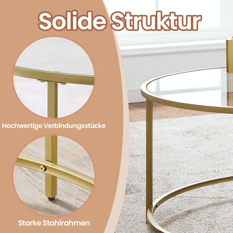 Rootz Glass Coffee Table - Retro Accent Table - Living Room Furniture - Golden Frame, Iron/Glass - 84cm x 84cm x 45.5cm