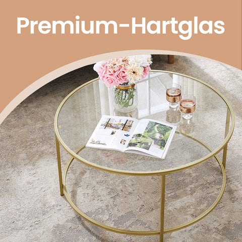 Rootz Glass Coffee Table - Retro Accent Table - Living Room Furniture - Golden Frame, Iron/Glass - 84cm x 84cm x 45.5cm