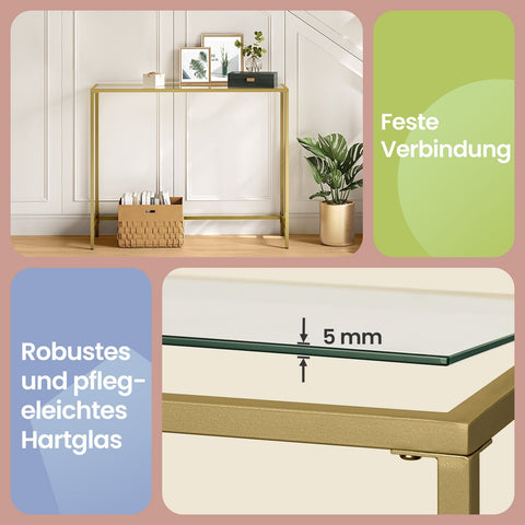 Rootz Gold Console Table - Sofatic - Side Table - Durable Glass - Metal Frame - 100cm x 35cm x 80cm