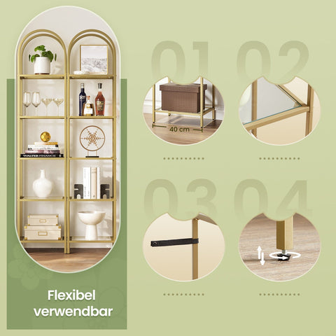 Rootz 5 Level Bookshelf - Hard Glass Arched Storage Shelf - Tiered Shelving - Space Saving - 30.2cm x 40cm x 183.5cm
